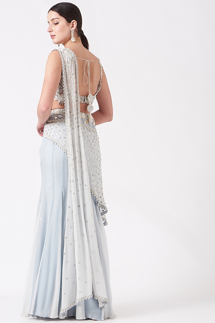 Light Blue Georgette Pre-Stitched Reception Saree Set by Reeti Arneja at Pernia's Pop Up Shop
