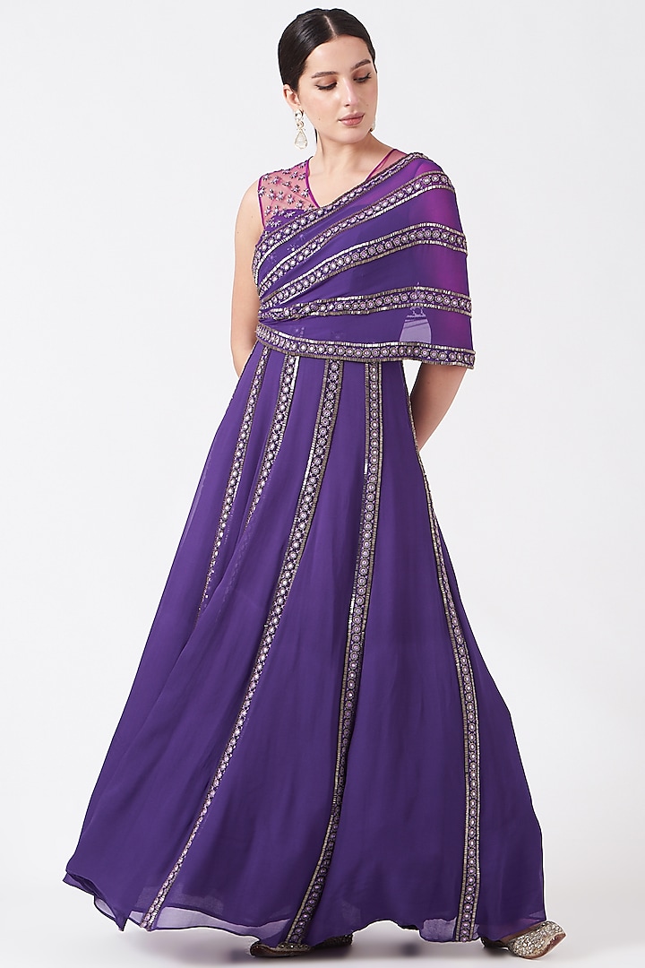 Purple Embellished One-Shoulder Gown by Reeti Arneja