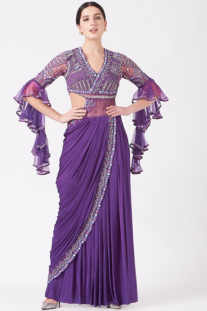 Purple Embellished Pre-Stitched Gown Saree Set by Reeti Arneja