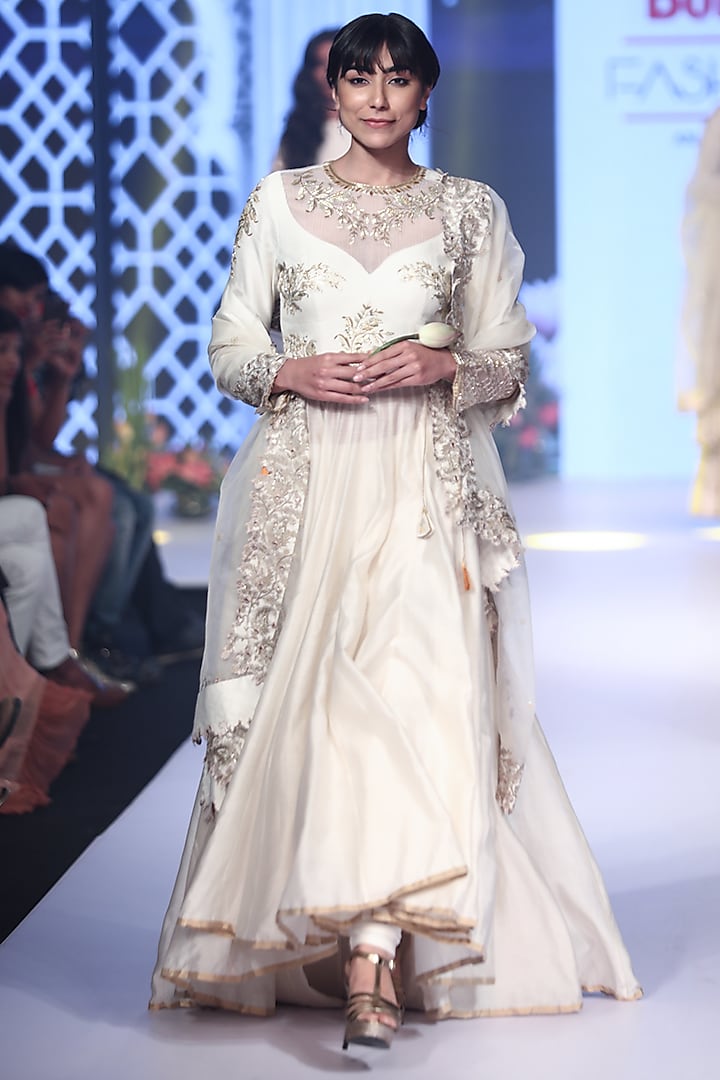 Ivory Embroidered & Woven Anarkali Set by RAR Studio at Pernia's Pop Up Shop