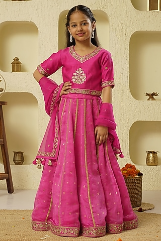 Fuschia Chanderi Silk Hand Embroidered Lehenga Set For Girls by Lil Gems by RAR Studio