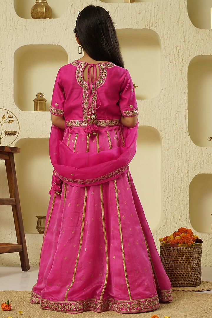 Fuschia Chanderi Silk Hand Embroidered Lehenga Set For Girls by Lil Gems by RAR Studio at Pernia's Pop Up Shop