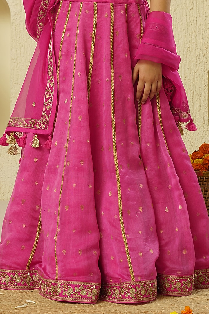Fuschia Chanderi Silk Hand Embroidered Lehenga Set For Girls by Lil Gems by RAR Studio at Pernia's Pop Up Shop