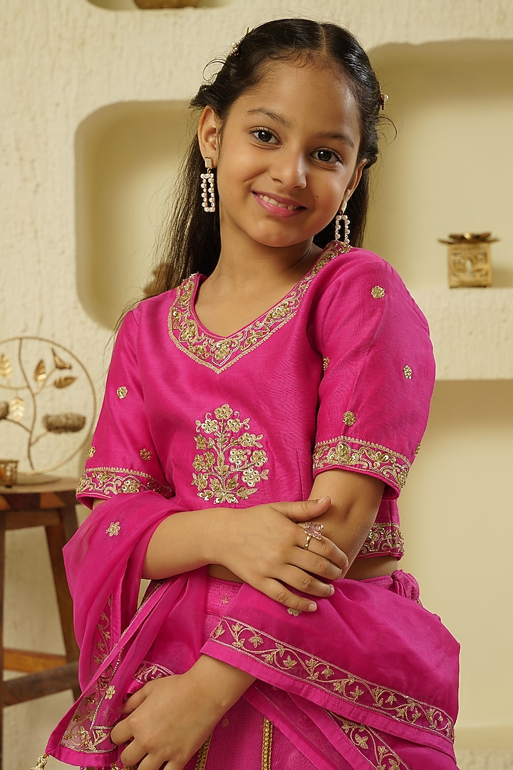 Fuschia Chanderi Silk Hand Embroidered Lehenga Set For Girls by Lil Gems by RAR Studio at Pernia's Pop Up Shop