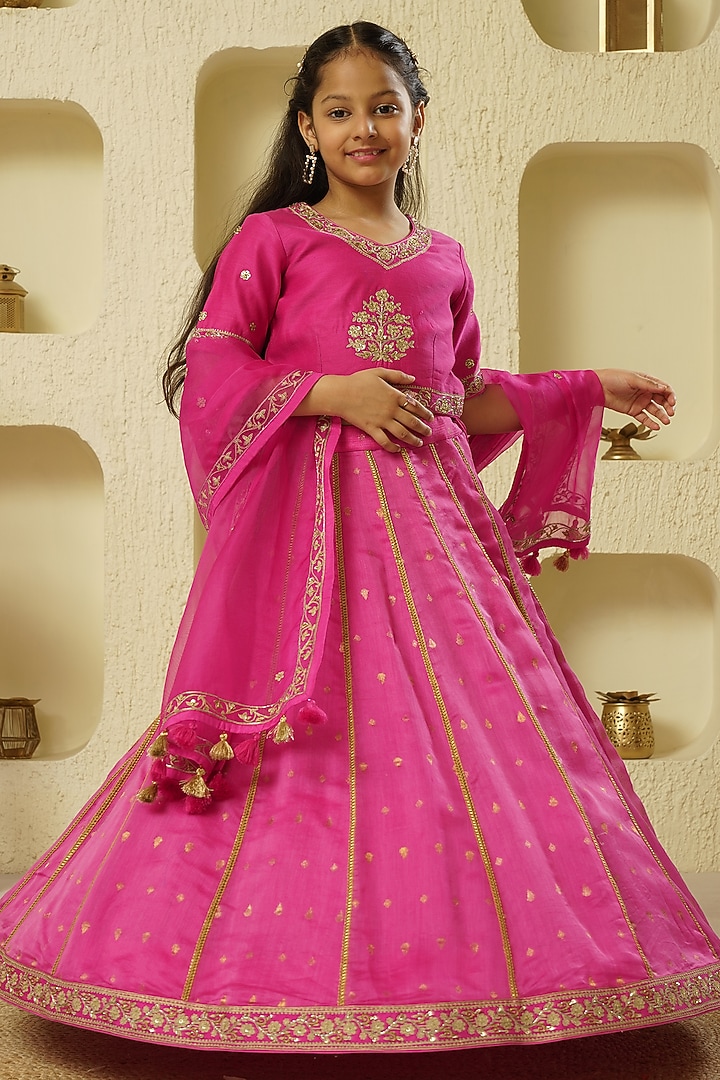 Fuschia Chanderi Silk Hand Embroidered Lehenga Set For Girls by Lil Gems by RAR Studio at Pernia's Pop Up Shop