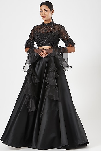 Black Satin Wedding Lehenga Set by Rashika Sharma at Pernia's Pop Up Shop