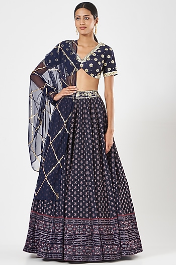 Navy Blue Embroidered Wedding Lehenga Set by Rashika Sharma at Pernia's Pop Up Shop