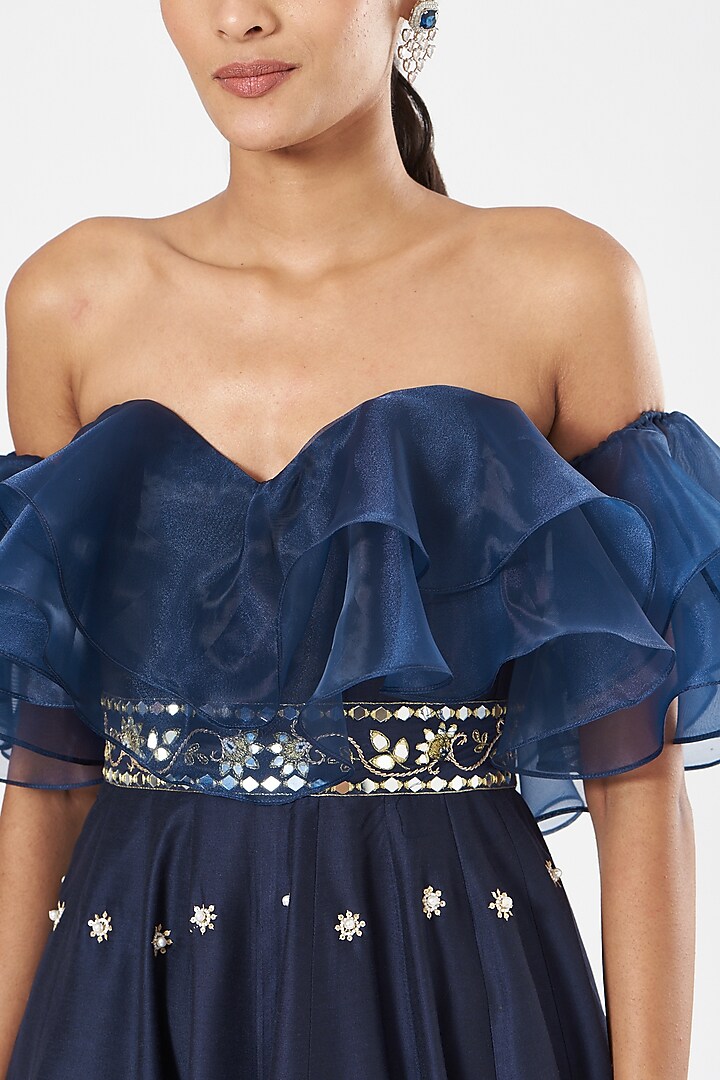 Navy Blue Embroidered Engagement Gown by Rashika Sharma at Pernia's Pop Up Shop