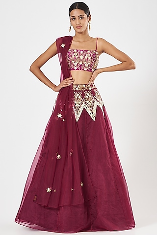 Magenta Embroidered Lehenga Set by Rashika Sharma