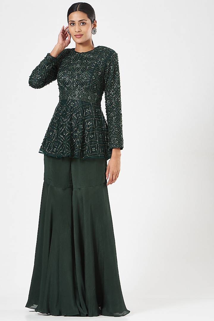 Dark Green Chinnon Sharara Set by Rashika Sharma at Pernia's Pop Up Shop