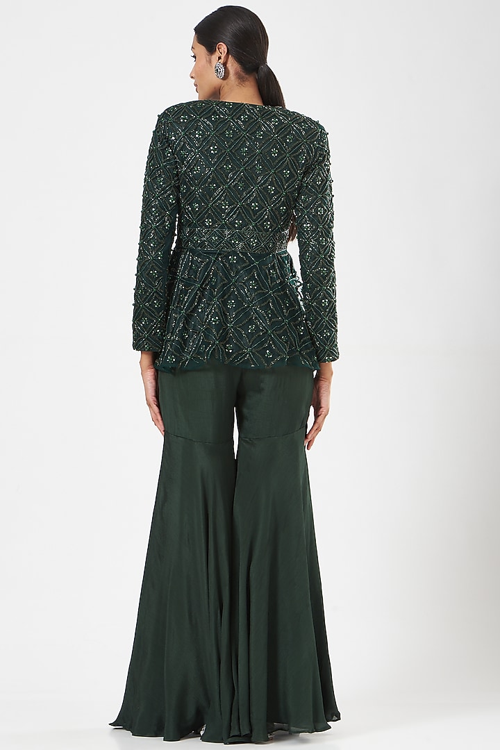 Dark Green Chinnon Wedding Sharara Set by Rashika Sharma at Pernia's Pop Up Shop
