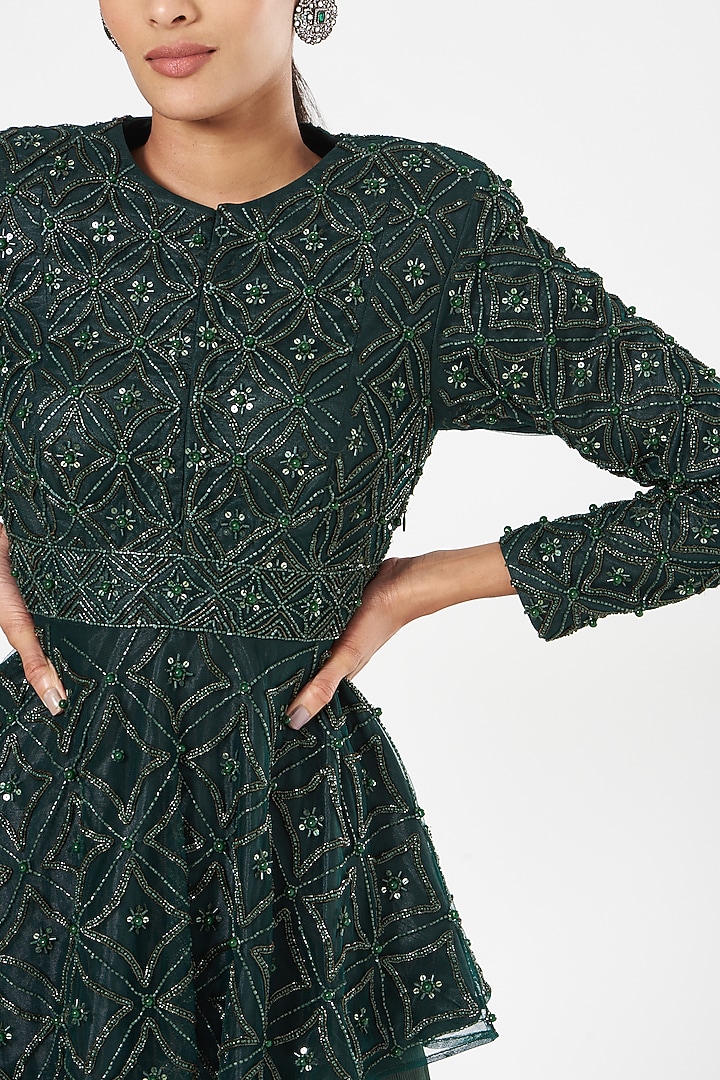 Dark Green Chinnon Wedding Sharara Set by Rashika Sharma at Pernia's Pop Up Shop