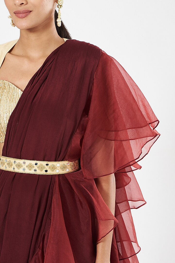 Maroon Chinon Chiffon Pre-Draped Wedding Saree Set by Rashika Sharma at Pernia's Pop Up Shop