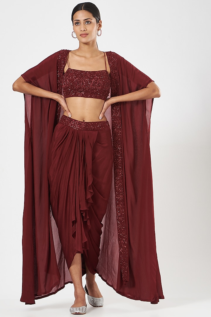 Maroon Chinon Chiffon Draped Skirt Set by Rashika Sharma at Pernia's Pop Up Shop