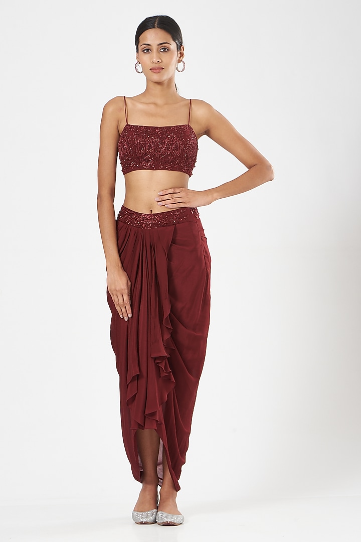 Maroon Chinon Chiffon Draped Skirt Set by Rashika Sharma at Pernia's Pop Up Shop