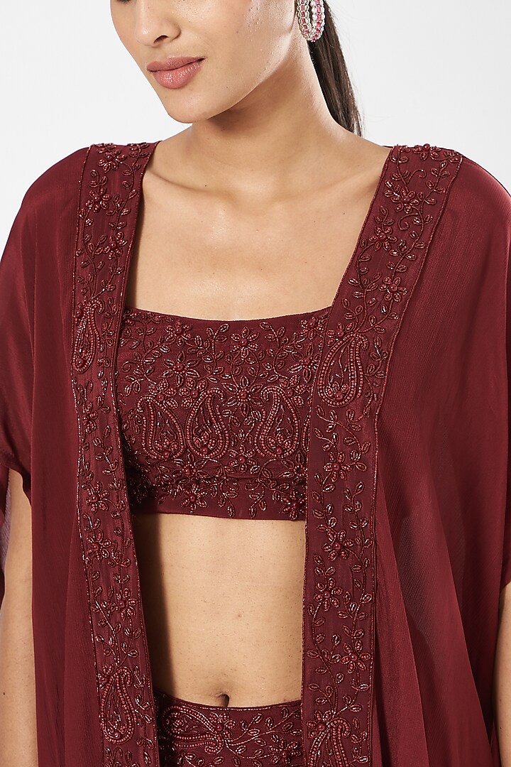Maroon Chinon Chiffon Draped Skirt Set by Rashika Sharma at Pernia's Pop Up Shop