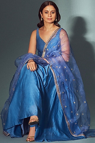 Blue Chanderi & Mul Mul Embroidered Anarkali Set by Priyal Prakash