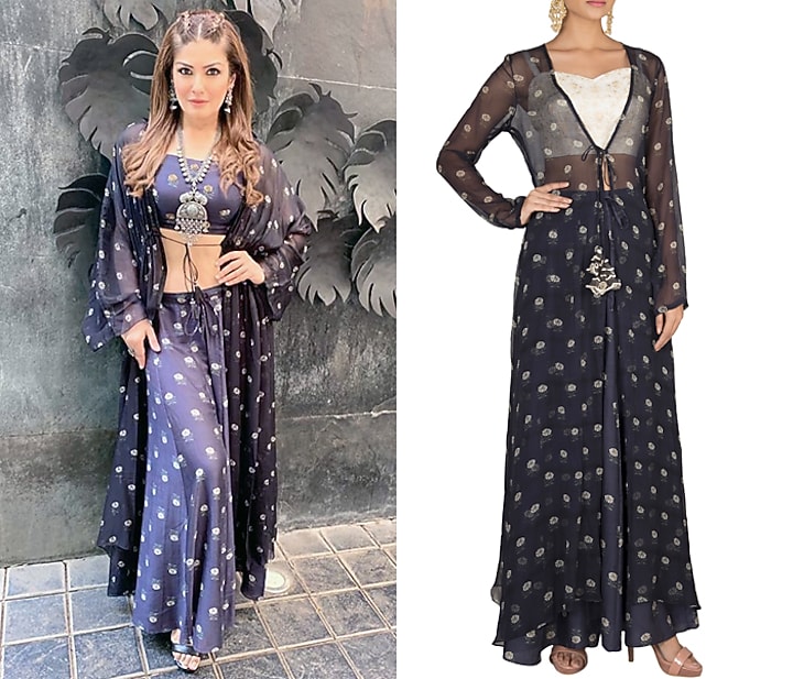 White Crop Top With Navy Blue Printed Palazzo Pants & Jacket by Paulmi & Harsh at Pernia's Pop Up Shop