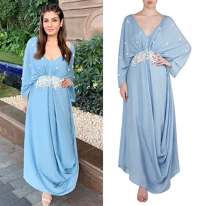 Dusk blue embellished drape maxi dress available only at Pernia's Pop Up Shop.