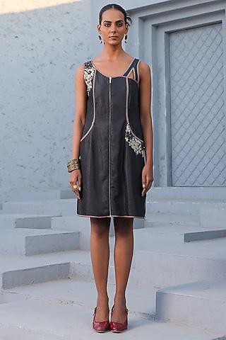 Black Tencel Denim Floral Embroidered Mini Dress by Raw & Rustic by Niti Bothra
