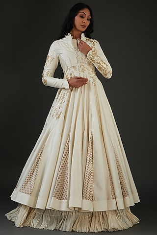 White Chanderi Silk Embroidered Jacket by Rohit Bal