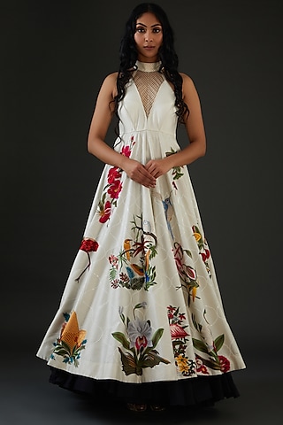 Ivory Chanderi Silk Embroidered Anarkali Set by Rohit Bal