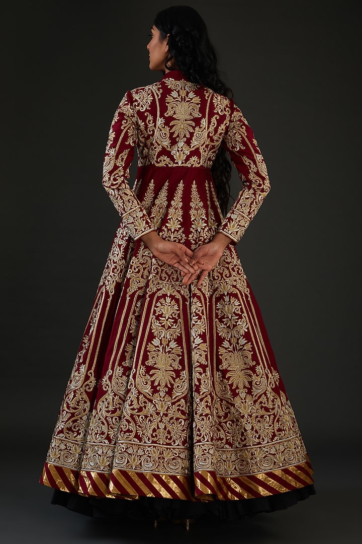 Wine Chanderi Silk Embroidered Anarkali Set Design by Rohit Bal at ...