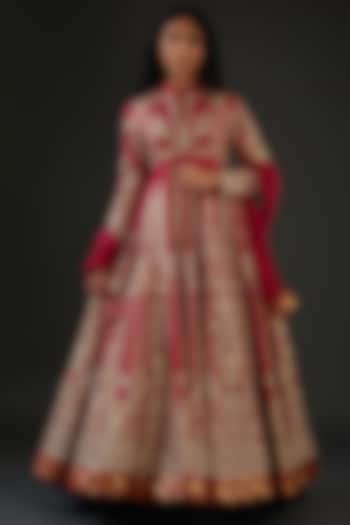 Red Chanderi Silk Embroidered Anarkali Set by Rohit Bal