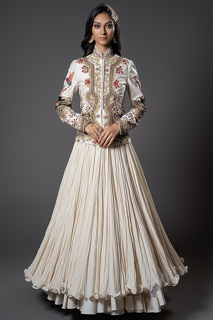 Ivory Chanderi Silk & Velvet Silk Floral Embroidered Jacket by Rohit Bal at Pernia's Pop Up Shop