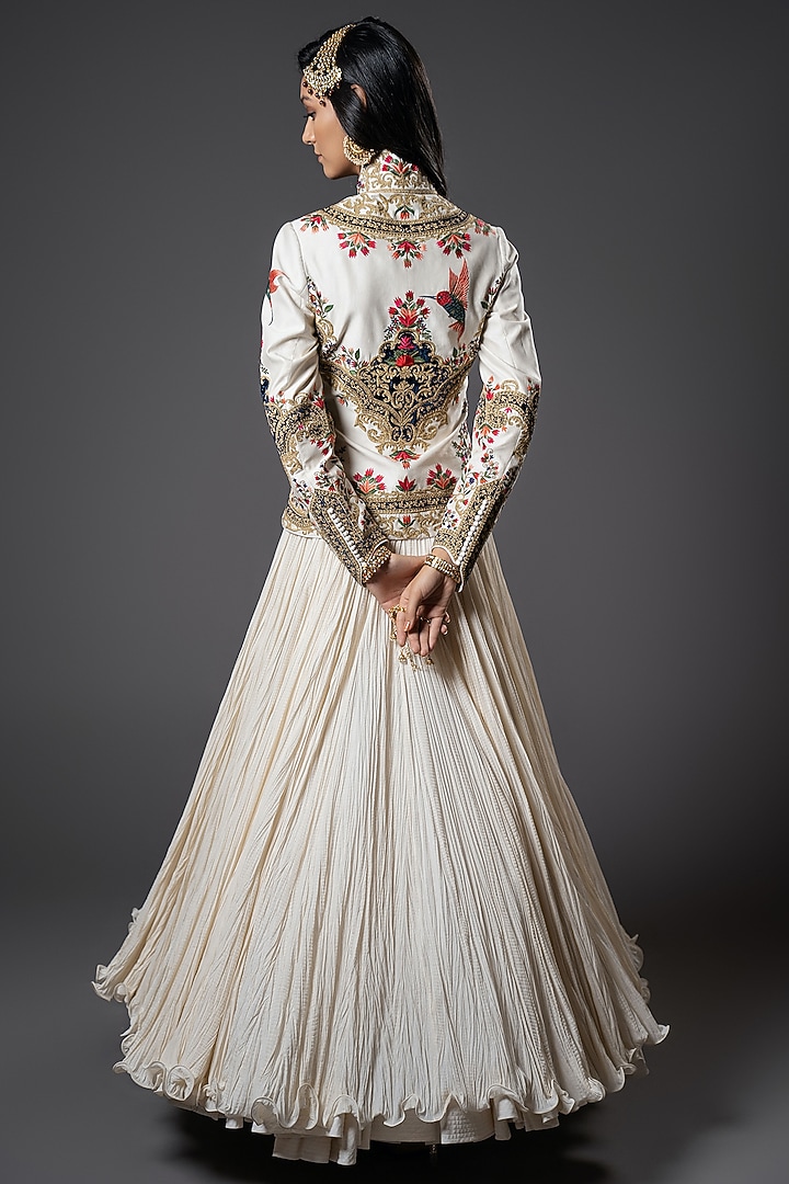 Ivory Chanderi Silk & Velvet Silk Floral Embroidered Jacket by Rohit Bal at Pernia's Pop Up Shop