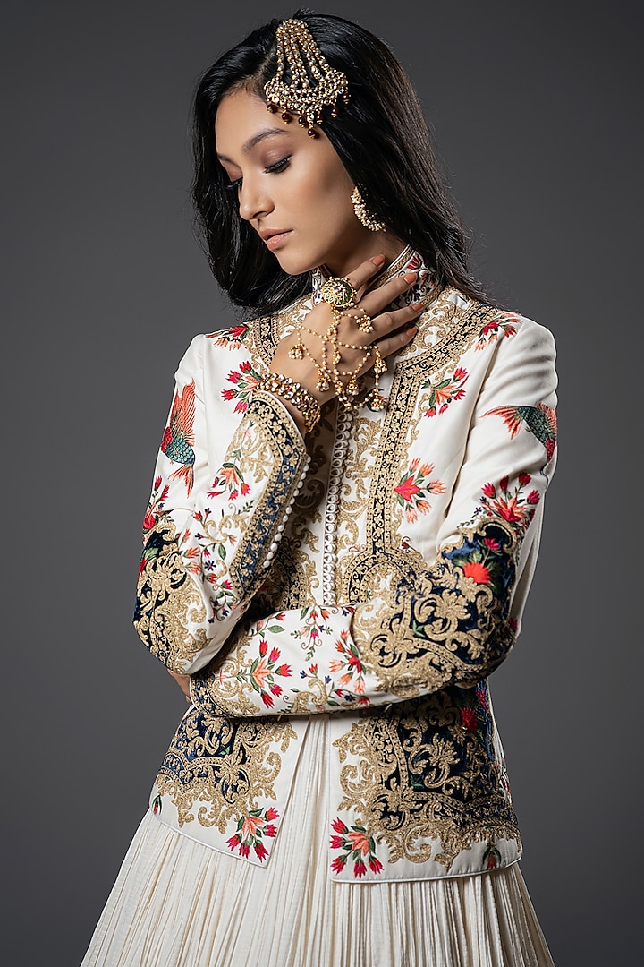 Ivory Chanderi Silk & Velvet Silk Floral Embroidered Jacket by Rohit Bal at Pernia's Pop Up Shop