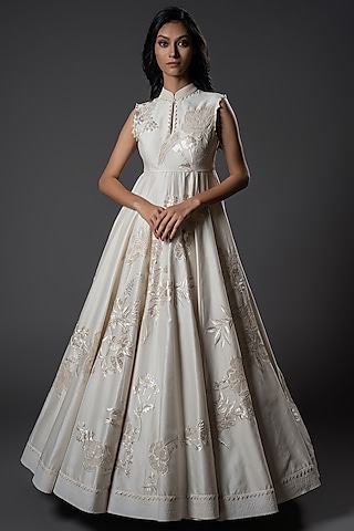 Ivory Chanderi Silk Resham Embroidered Anarkali Set by Rohit Bal