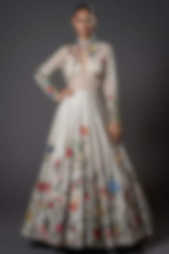 Ivory Chanderi Silk & Net Resham Floral Hand Embroidered Anarkali Set by Rohit Bal