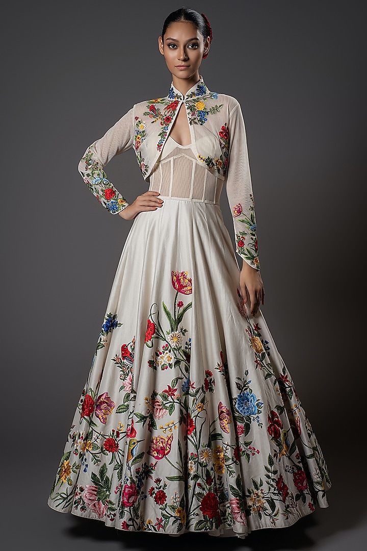 Ivory Chanderi Silk & Net Resham Floral Hand Embroidered Anarkali Set by Rohit Bal