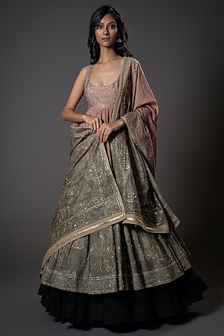 Ombre Chanderi Silk Shibori Digital Printed & Hand Embroidered Anarkali Set by Rohit Bal