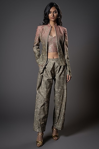 Ombre Chanderi Silk Shibori Digital Printed & Hand Embroidered Jacket Set by Rohit Bal