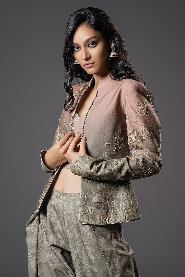 Ombre Chanderi Silk Shibori Digital Printed & Hand Embroidered Jacket Set by Rohit Bal at Pernia's Pop Up Shop
