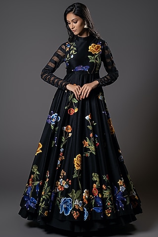 Black Chanderi Silk Digital Printed & Floral Embroidered Anarkali Set by Rohit Bal
