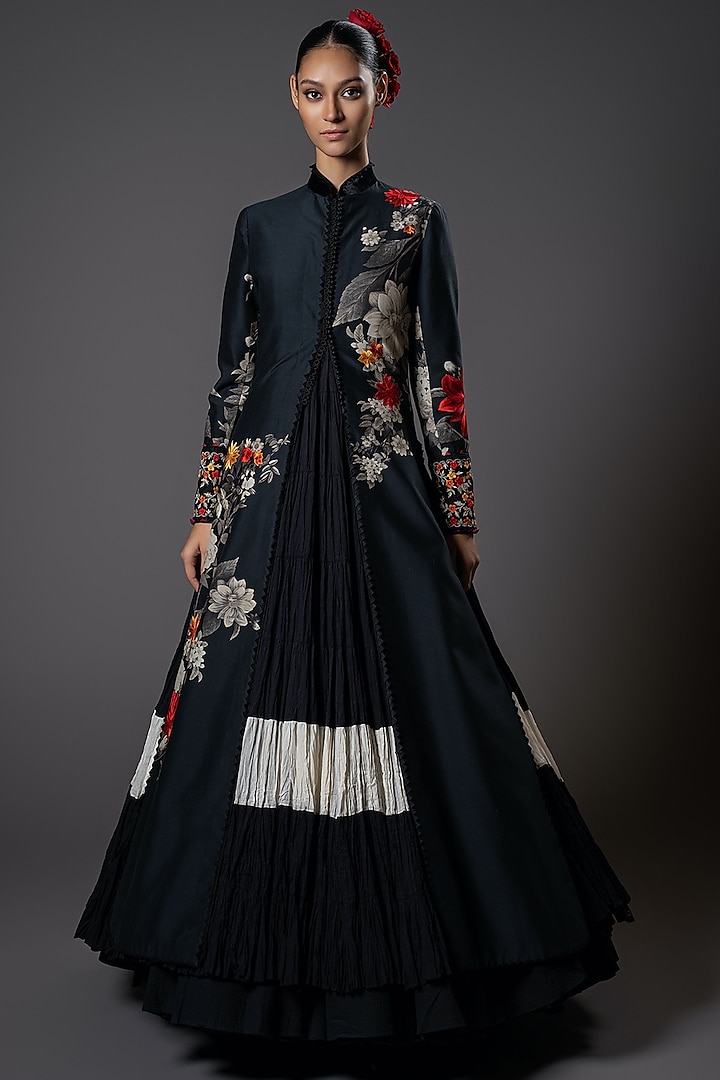 Black Chanderi Silk Floral Printed & Placement Embroidered Front-Open Jacket by Rohit Bal