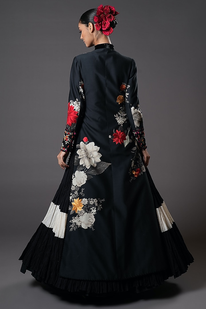Black Chanderi Silk Floral Printed & Placement Embroidered Front-Open Jacket by Rohit Bal at Pernia's Pop Up Shop