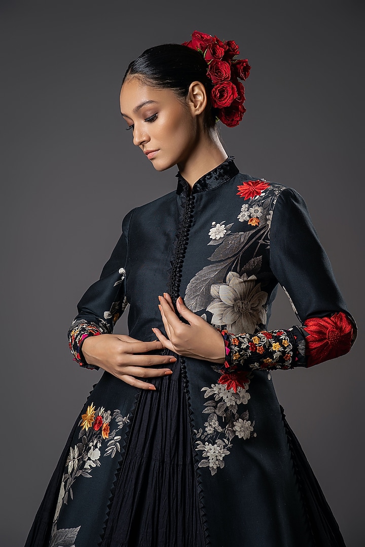 Black Chanderi Silk Floral Printed & Placement Embroidered Front-Open Jacket by Rohit Bal at Pernia's Pop Up Shop