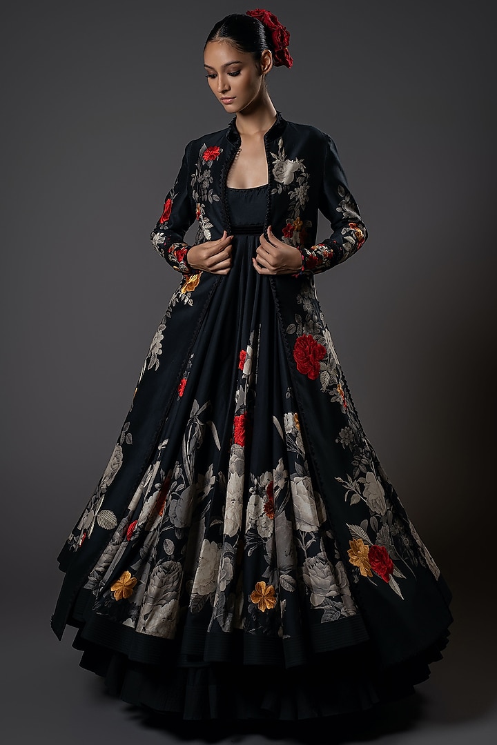 Black Chanderi Silk Floral Printed & Placement Embroidered Front-Open Jacket by Rohit Bal