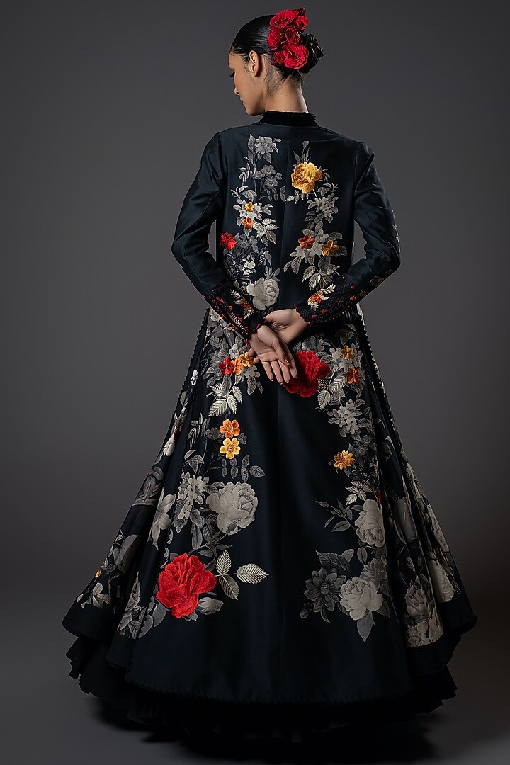 Black Chanderi Silk Floral Printed & Placement Embroidered Front-Open Jacket by Rohit Bal at Pernia's Pop Up Shop