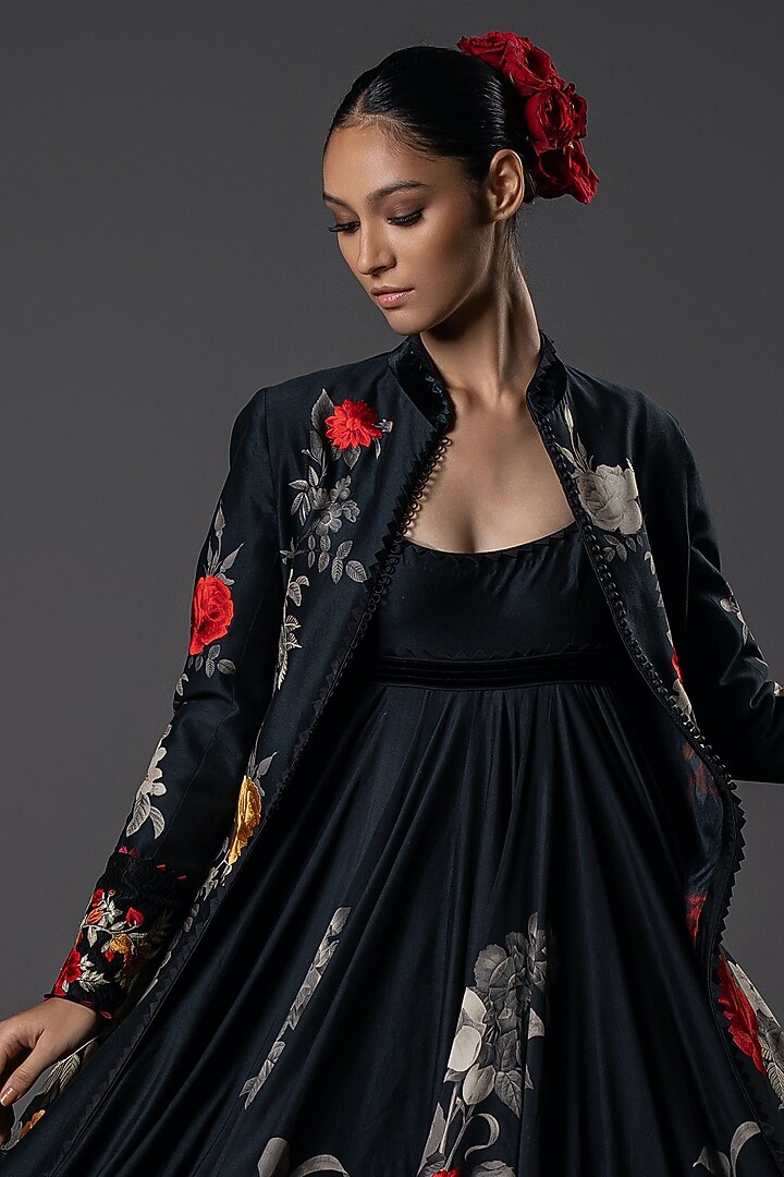 Black Chanderi Silk Floral Printed & Placement Embroidered Front-Open Jacket by Rohit Bal at Pernia's Pop Up Shop