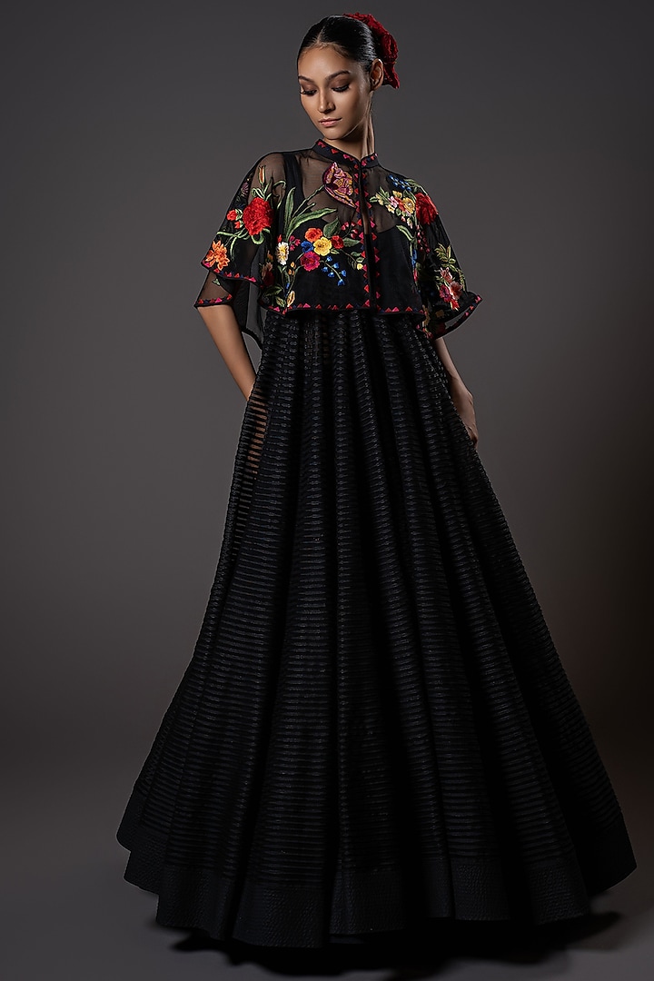 Black Net Floral Embroidered Cape by Rohit Bal