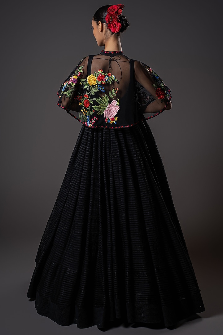 Black Net Floral Embroidered Cape by Rohit Bal at Pernia's Pop Up Shop