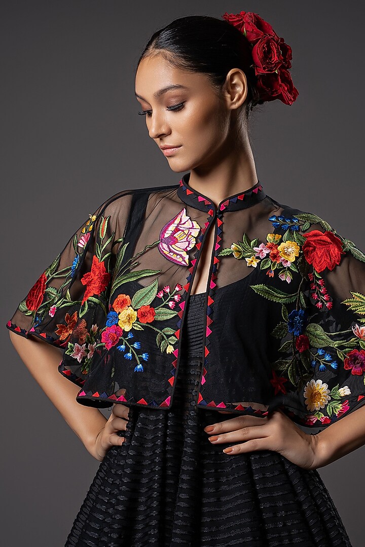 Black Net Floral Embroidered Cape by Rohit Bal at Pernia's Pop Up Shop