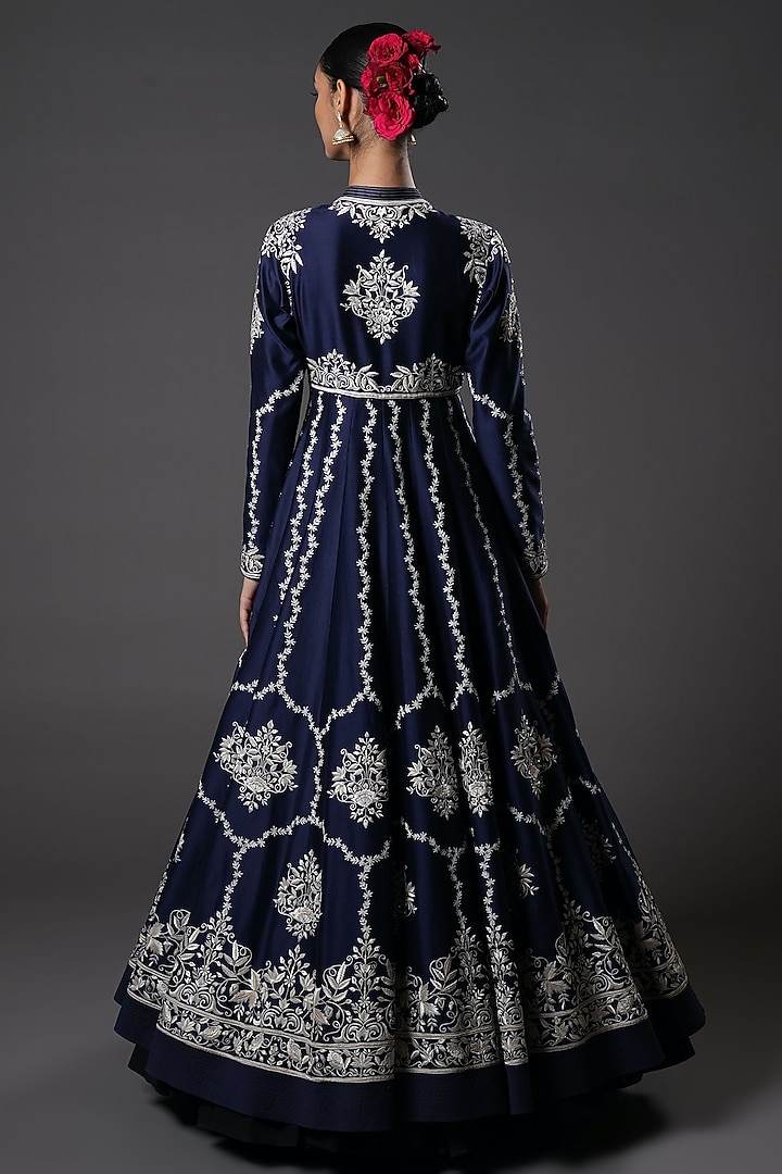 Indigo Chanderi Silk Resham Embroidered Bridal Anarkali Set by Rohit Bal at Pernia's Pop Up Shop