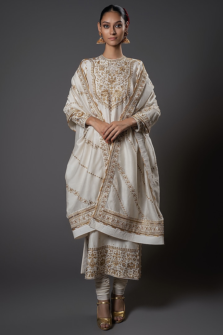 Ivory Chanderi Silk Zari Embroidered Kurta Set by Rohit Bal