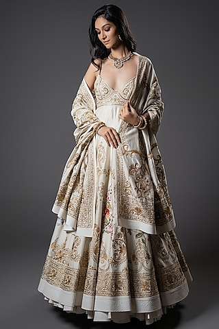 Ivory Chanderi Silk Resham Hand Embroidered Anarkali Set by Rohit Bal